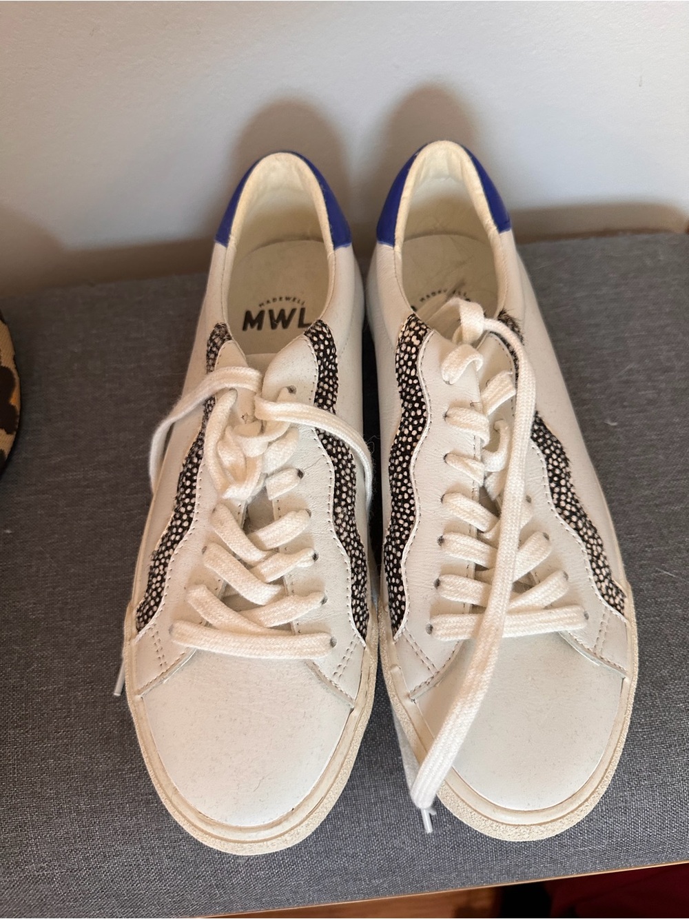 Madewell Cream Sneakers with Blue Heel Accent and Black Speckle Trim